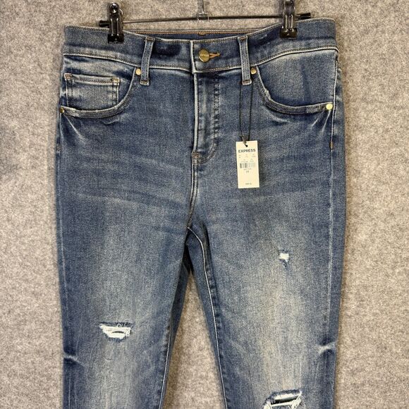 Express $98 Women's Slit Bootcut Ripped Distressed Blue Jeans Size 8R NEW - Picture 1 of 15